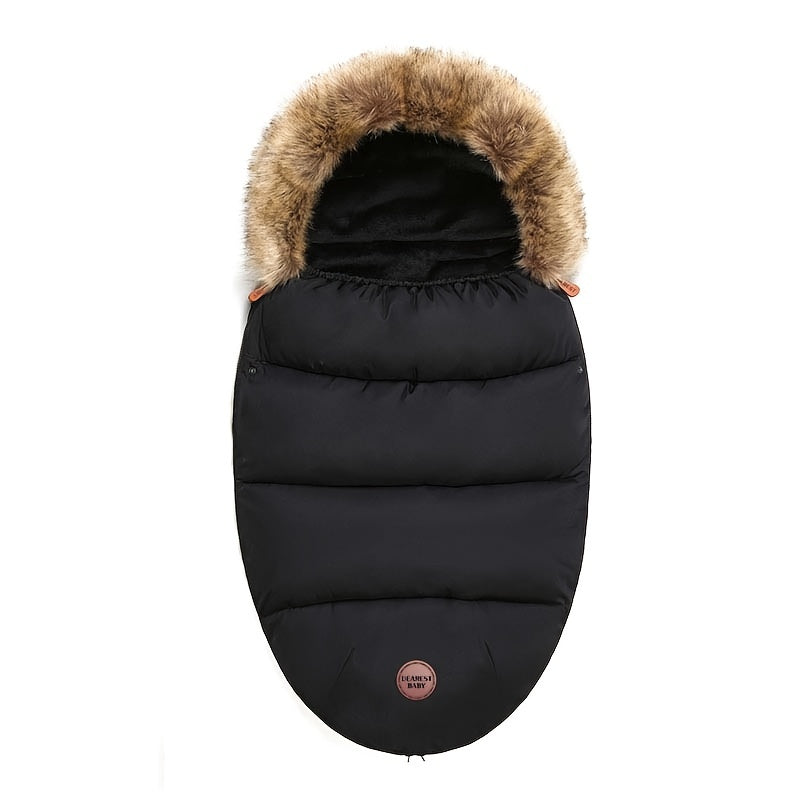 Grey, black, and army green unisex outdoor travel windproof baby stroller warm bag with foot cover. This quilt features a fur collar that is detachable and machine washable.