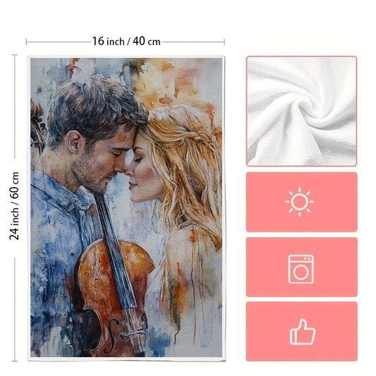 Two romantic violin duet themed kitchen towels are included. These ultra soft and highly absorbent dish towels are made of polyester and are machine washable. Each towel measures 40.64x60.96 cm and is perfect for holiday decor and everyday use in the