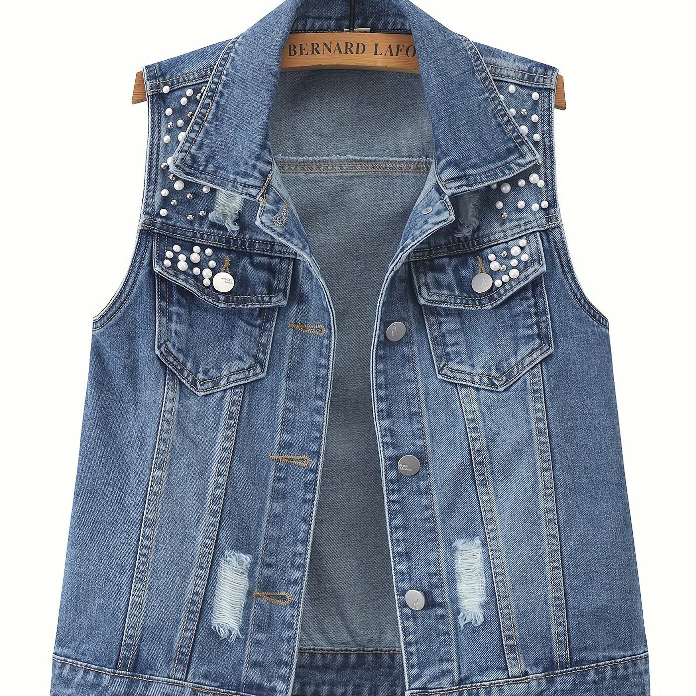 YANLINHUOLI Plus-Size Pearl-Beaded Denim Vest - Casual Light Blue Ripped Jean Jacket with Sleeveless Design, Button Closure, and Lapel Collar. Crafted for Spring/Fall Fashion.