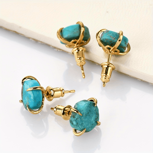 Pair of 14K Gold Plated Copper Stud Earrings with Natural Turquoise Stone, Boho Chic design, Perfect for Everyday Wear and Gifting.