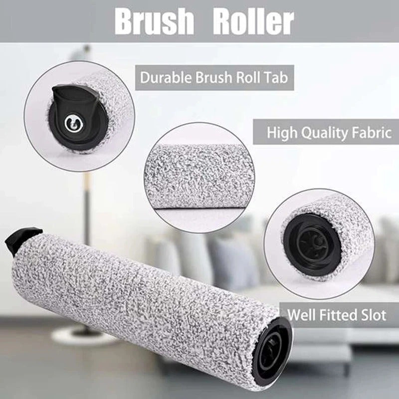 Two-piece replacement main brush roller set designed for use with the Tineco iFloor 3/S3/C/M1F8 wet dry cordless vacuum cleaner. Made with plastic and cloth materials, these floor attachment accessories are compatible with the Tineco iFloor 3/S3/C/M1F8