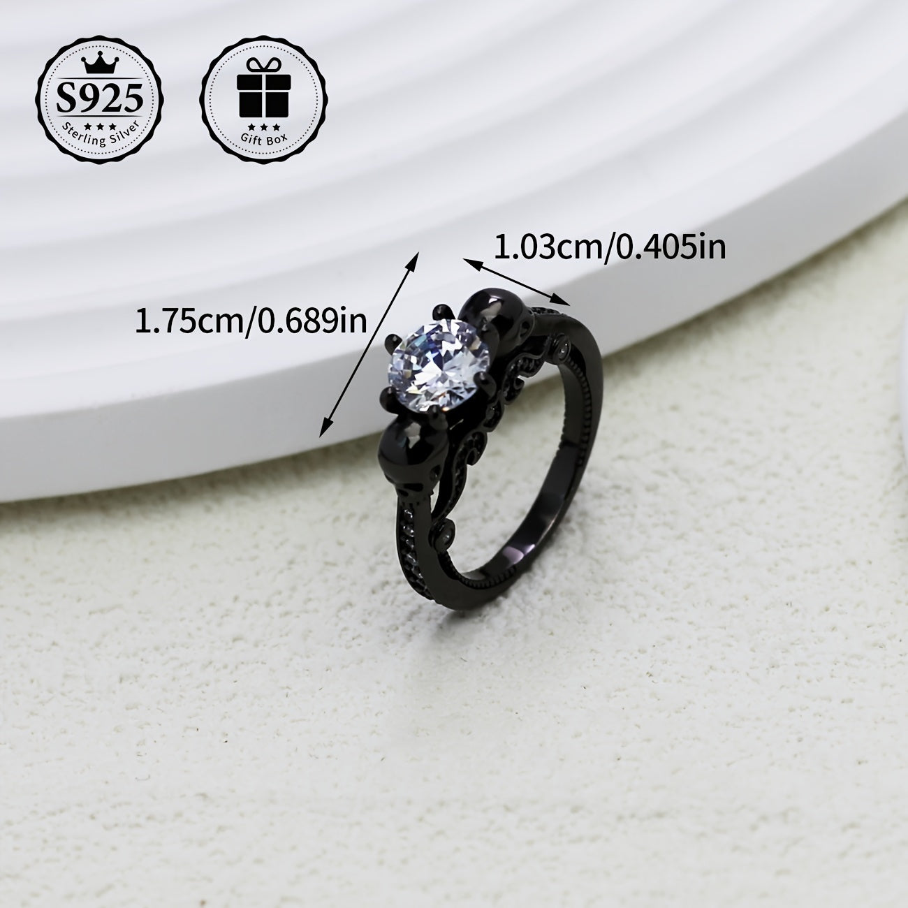 925 Silver Black Gun Plated Ring with Synthetic Moissanite Stone, Skull Design - Perfect for Party and Music Festivals, Great Gift for Halloween and Christmas - Vintage Gothic Style