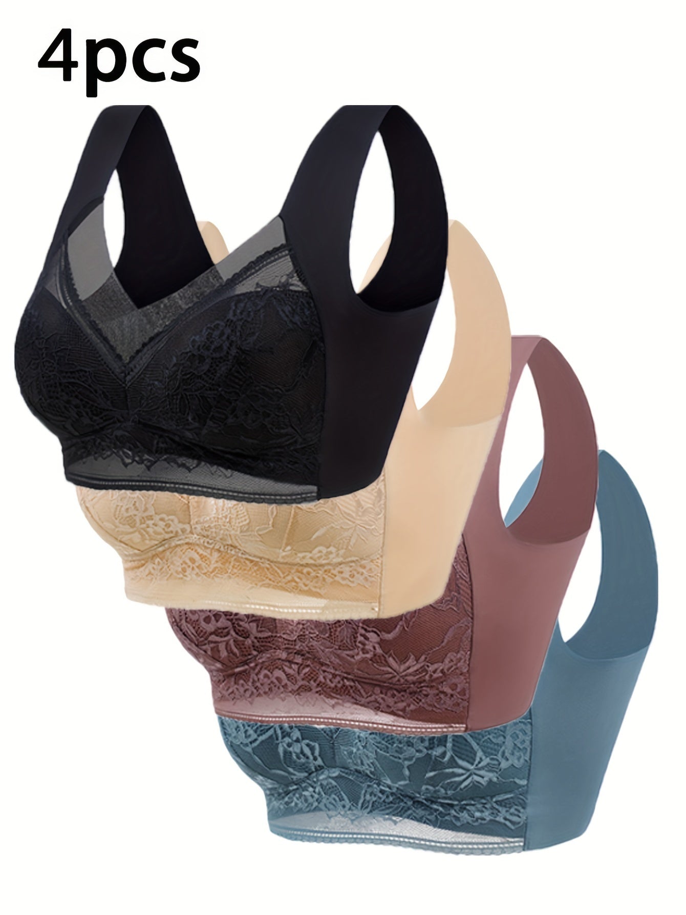 4 pieces of women's lace contrast underwear and bra, including daily bra and no steel ring underwear.