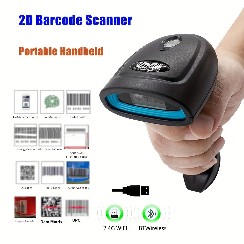 Handheld 2D barcode scanner with USB wired and wireless connection, ideal for retail, warehouse, and mobile payments. Features high-performance CMOS sensor, portable and rechargeable