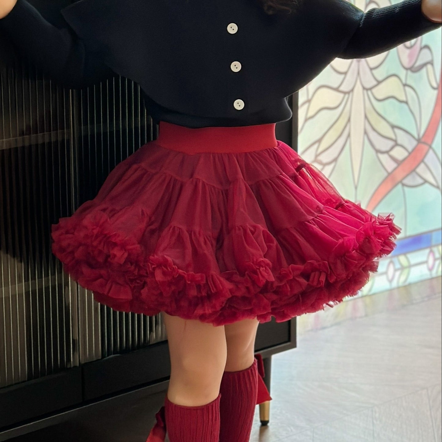 Girls' Princess Skirt in charming wine red baroque style, with tulle overlay, 100% polyester, perfect for all seasons.