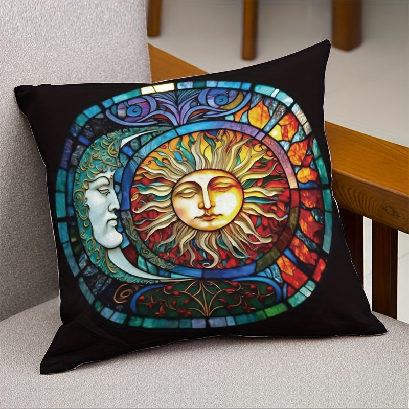 Sun and Moon throw pillow cover - 44.96x44.96 cm, cosmic art design, zippered polyester square case, contemporary style, machine washable, no insert