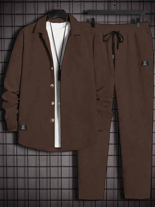 Men's corduroy casual outfits, featuring long sleeve button-up shirt and drawstring pants. Perfect for business leisure wear or daily outings in autumn/winter.