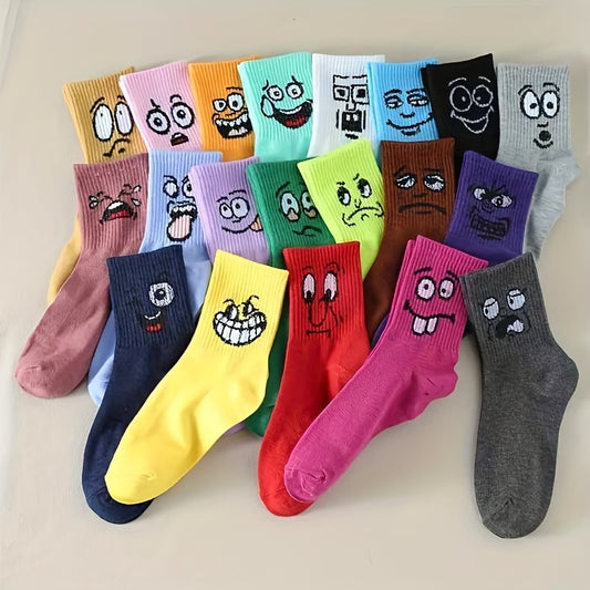 10 pairs of colorful mid-tube socks with cute cartoon expressions, perfect for women's hosiery.