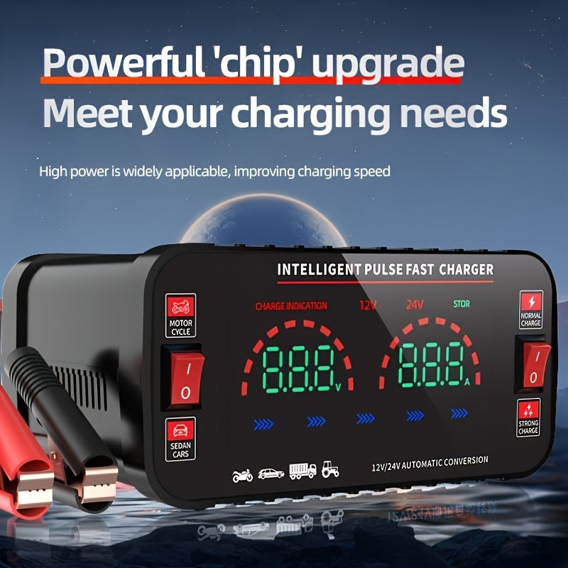 High-power car charger with maintenance function and automatic 110/220V identification for battery charging.