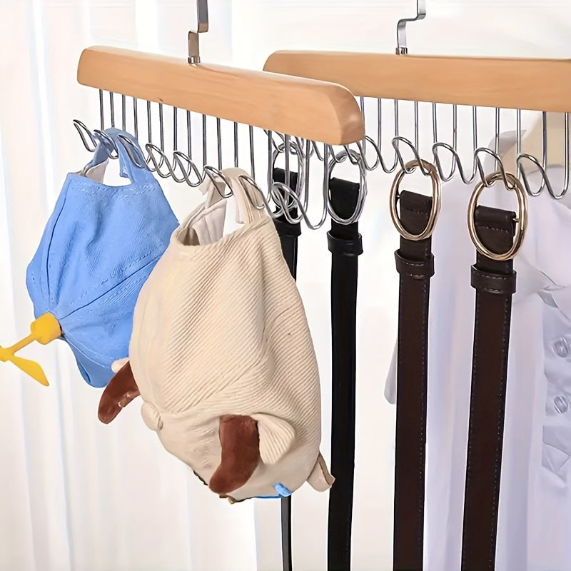 One-piece Storage Rack Holder: 360° Rotating Wooden Clothes Hanger with 8 Hooks, Closet Organizer for Bras, Tank Tops, Underwear, Scarves, Hats, and Ties - Space-Saving Solution