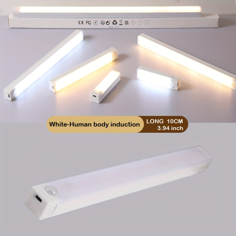 Wireless magnetic LED light strip for wardrobe and kitchen with rechargeable battery and adhesive backing for easy installation in closets, cupboards, stairs, and hallway shelves.