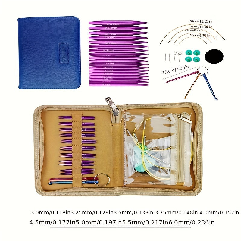 Mini circular needle set with 12 detachable needles ranging from 3.0-8.0mm, in a 5.5cm PU bag.