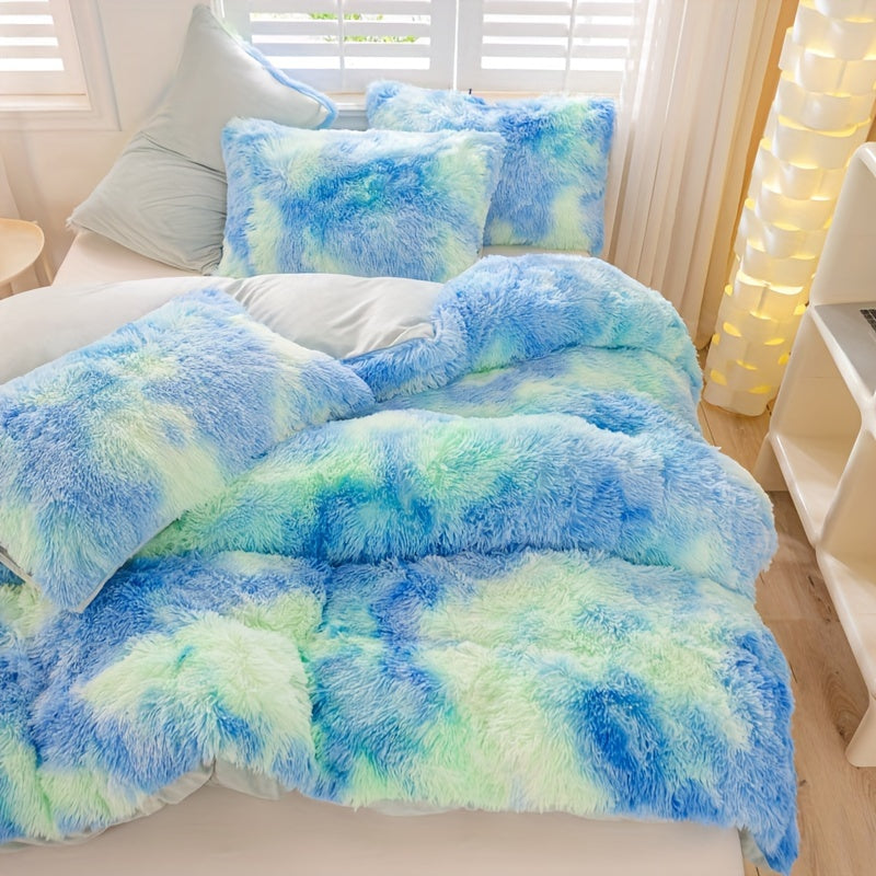 Y2K Tie Dye Plush Duvet Cover Set includes 3 pieces (1 Duvet Cover + 2 Pillowcases), providing soft and warm bedding.