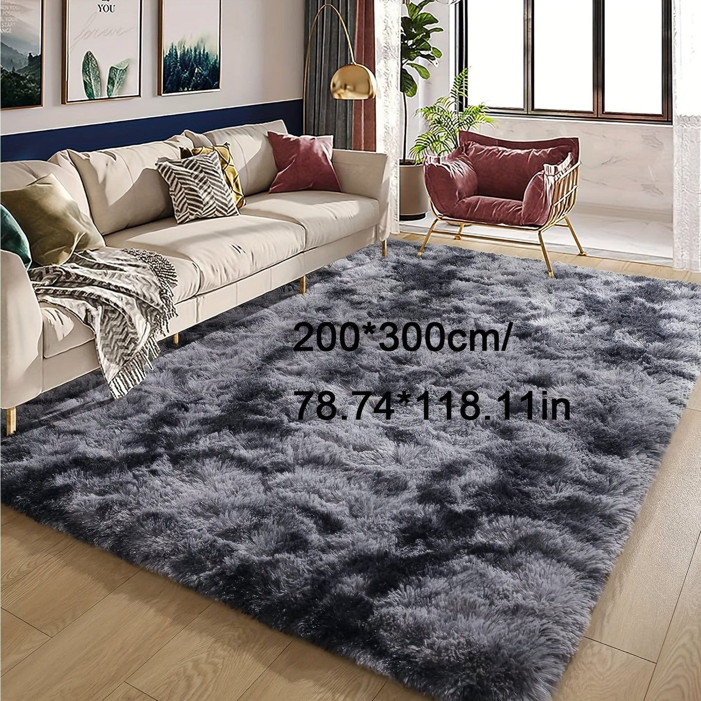 Soft plush area rug in deep grey tie-dye design, perfect for adding a cozy touch to your bedroom or living room. Made of fluffy polyester shaggy material, this carpet is ideal for festive Christmas decor. Rectangular in shape, this rug should be dry