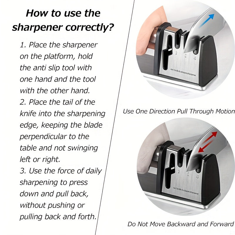 Нож для заточки из нержавеющей стали с 4 функциями - Легкая заточка кухонных ножей и ножниц, безопасен и прост в использовании, эргономичный дизайн с нескользящей основой