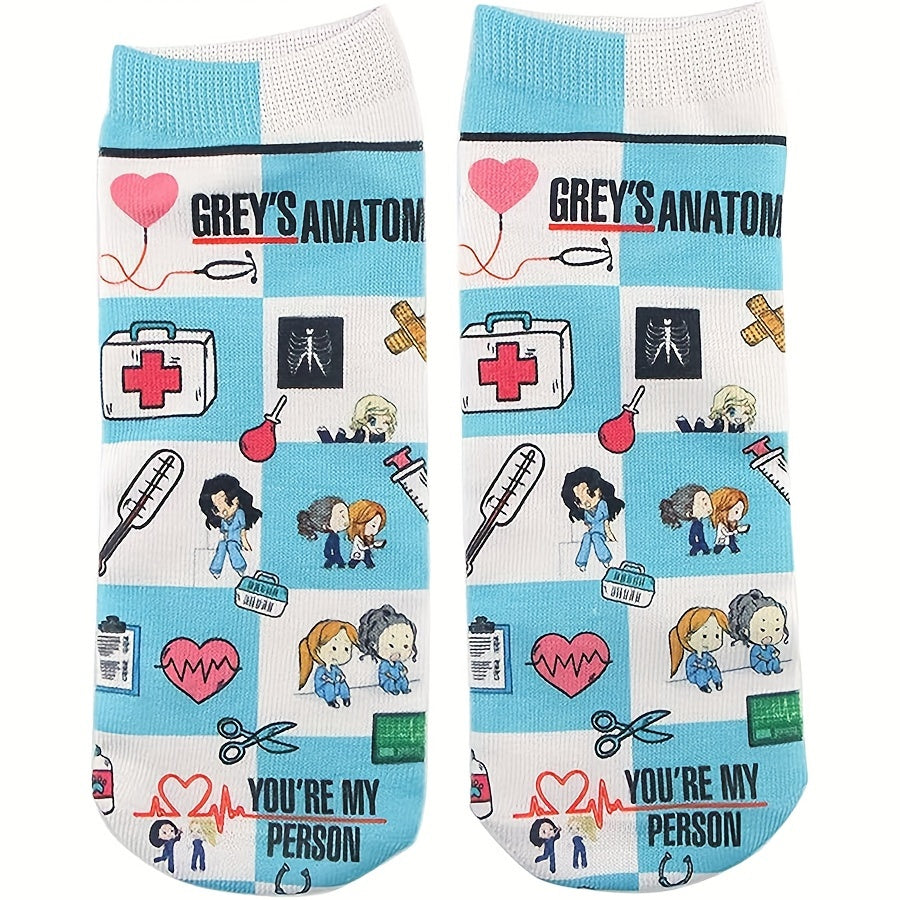 Whimsical cartoon nurse socks with Grey's Anatomy inspired designs, perfect for medical professionals and students. Made of soft polyester blend. Ideal gift for graduation or work