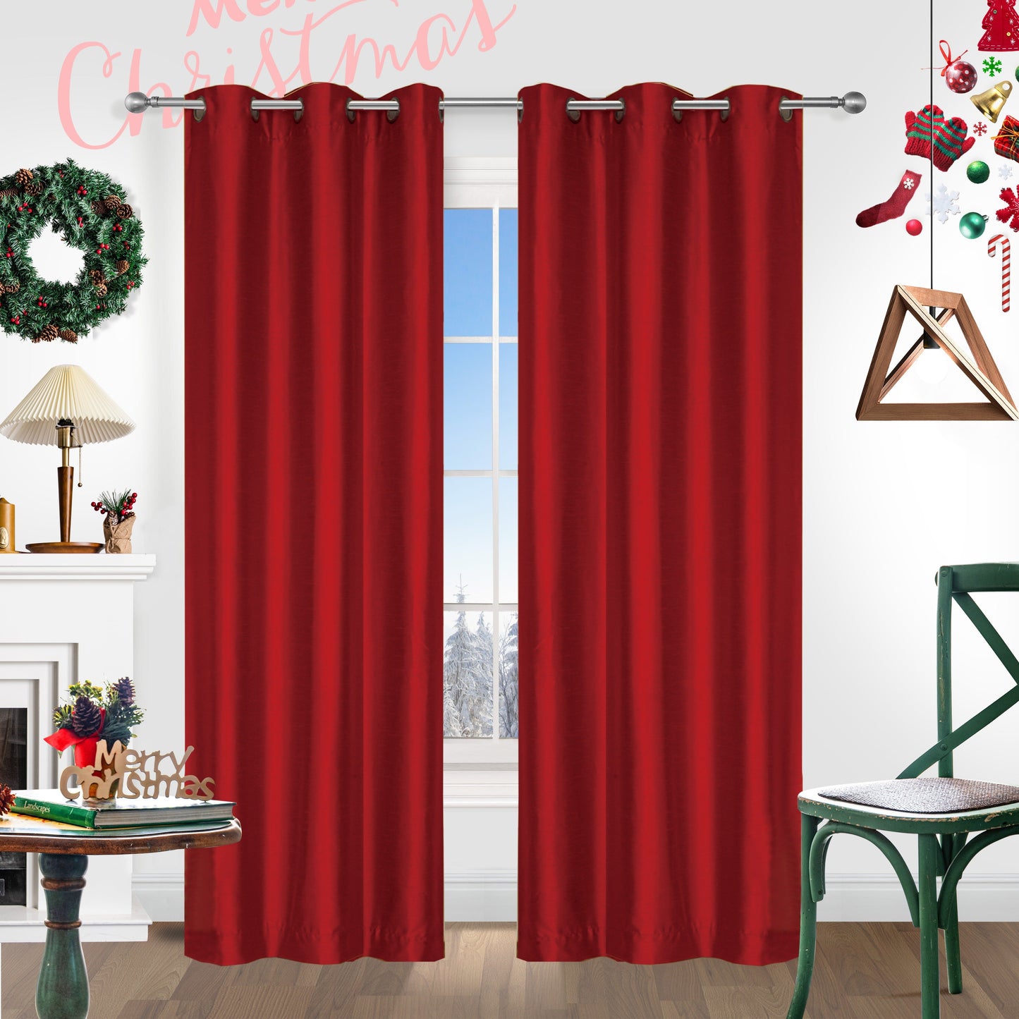 Add a festive touch to your space with 2 pieces of red Christmas curtains. These curtains are made of faux silk with a grommet top design, providing both style and functionality. Perfect for living rooms, bedrooms, offices, kitchens, and studies, these