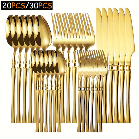 20/30 piece stainless steel small waist tableware set with forks, spoons, dessert spoons, fruit forks, and knives. Ideal for home kitchen, restaurant, hotel, wedding, party. Dishwasher safe. Color: Golden.