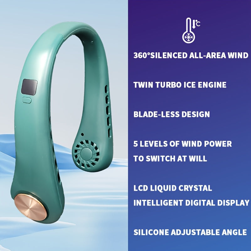 Stay cool with the JKUOO Portable Neck Fan, featuring a digital display, 5 speed settings, adjustable silicone strap, USB rechargeable 1200mAh lithium battery, and large wind output. Perfect for use at home, in the office, or during outdoor activities