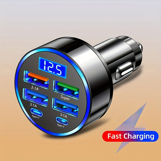 6-in-1 car adapter with fast charging capabilities for smartphones, tablets, and power banks, featuring dual Type-C ports and a digital display in a sleek black design.