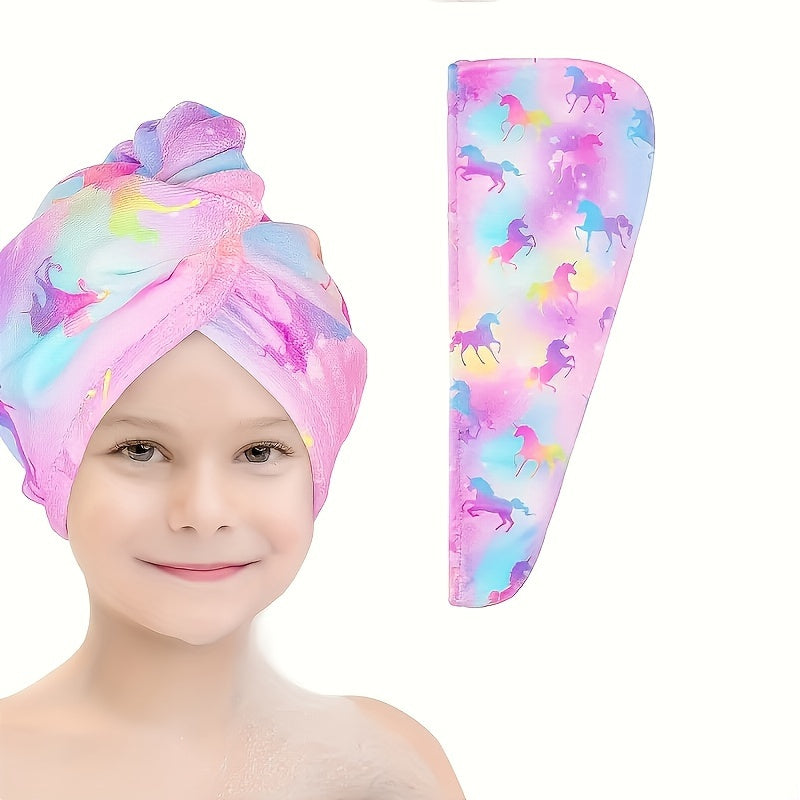 Printed microfiber hair towel for kids with quick-drying soft fabric, and button hair bandana for girls to wrap wet hair in salon.