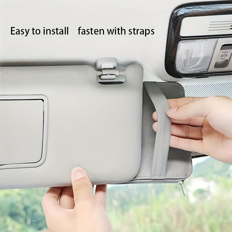 Car sun visor storage bag with multifunction card holder, driver's license, documents, and bills in PU leather. Includes car glasses clip for organization.