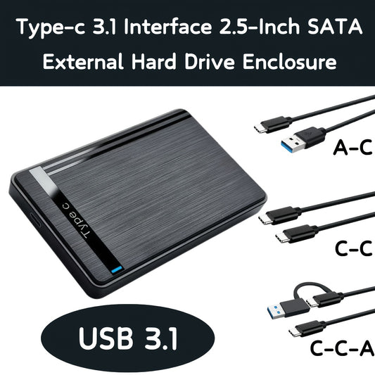 Portable external hard drive enclosure with USB3.1 Type-C interface and brushed surface craftsmanship.