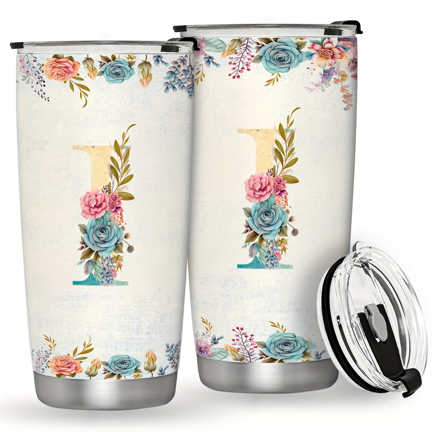 20oz Stainless Steel Tumbler with Initial Monogram, Floral Design, Leak Proof Lid, Perfect for Outdoor Activities, Great Gift for Holidays.