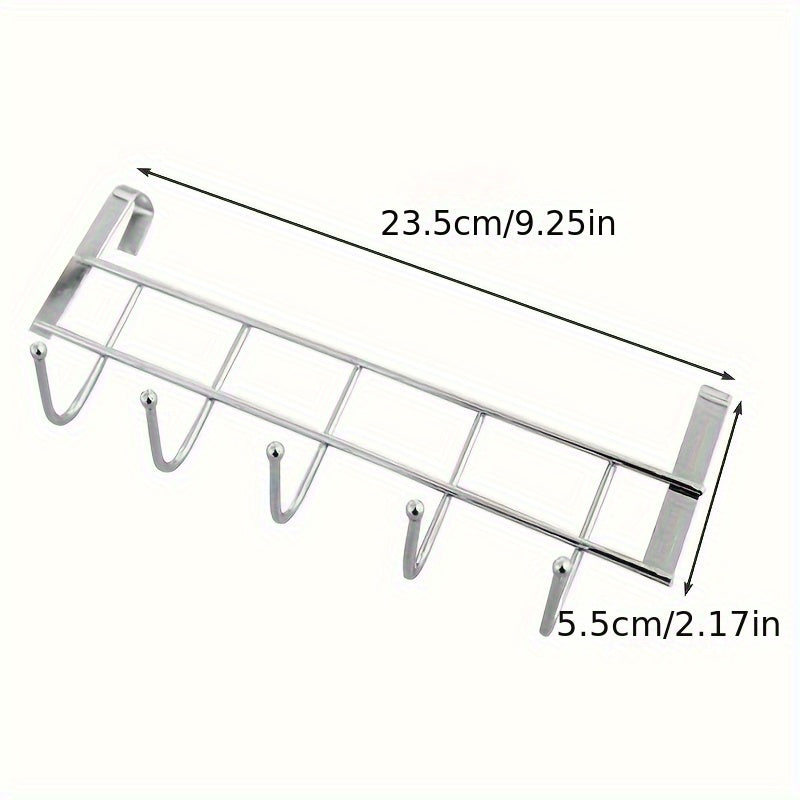 This Stainless Steel Hook Rack features 5 hooks, perfect for hanging behind doors, on cabinet doors, or on walls. Made of durable stainless steel, it is versatile and can be used for hanging towels behind living room doors or clothes in bedrooms. It is