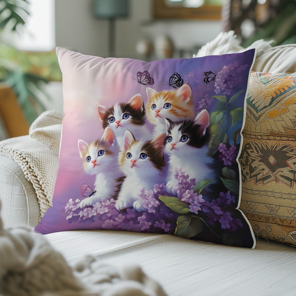 This adorable throw pillow cover features a cute kitten and lavender print on short plush fabric, perfect for adding a touch of charm to your sofa, bed, car, or living room. Made from soft polyester knit fabric with a hidden zipper for easy removal and