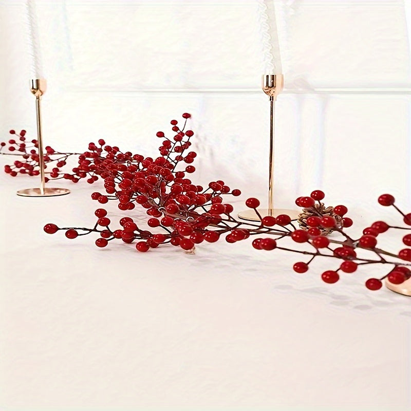 69-inch artificial cranberry vine in plastic red holly, perfect for home, wedding, and Christmas decor. Can be used as a versatile faux berry garland for tables, New Year's celebrations, and engagement parties.