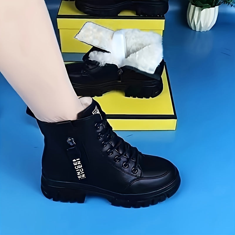 Winter 2024 Black Ankle Boots for Women - Fleece-Lined, Non-Slip Sole, Comfortable Lace-Up Style with Side Zipper, Perfect for Casual Wear