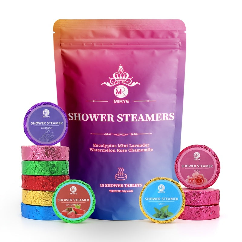 Gift set of 18 assorted shower steamer tablets in watermelon, rose, lavender scents. No-electricity vaporizers for bath time relaxation. Perfect Christmas or Valentine's gift for family, friends, or wife.