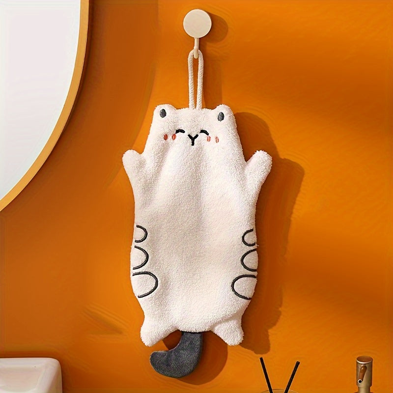 Cute cat fingertip towel made from durable polyester fabric, quick-dry and absorbent for kitchen or bathroom use, featuring a fun cartoon design and coral fleece embroidery.