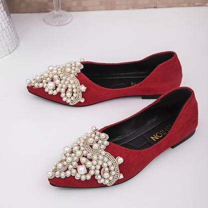 Women's slip-on flats with faux pearl and rhinestone accents, lightweight pointed toe shoes for all seasons, comfortable and casual.