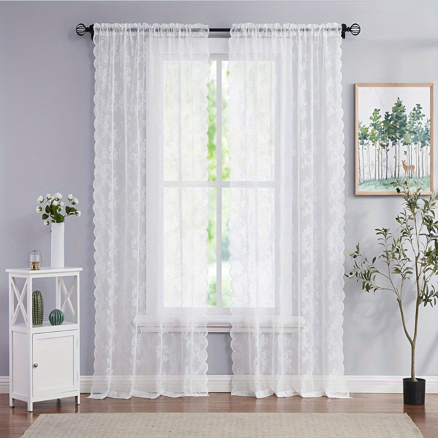 White Lace Sheer Curtain with Floral Design - UV Protection, Rod Pocket Window Treatment for Living Room & Bedroom Decor - 1 Piece