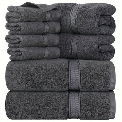 8-piece superior towel set made of ring spun cotton includes 2 bath towels, 2 hand towels, and 4 wash cloths in multicolor, perfect for bathroom, gym, hotel, and spa use.