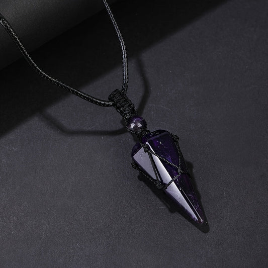 Fashionable Men's Hexagonal Cone Pendant Necklace with Braided Rope - Natural Amethyst Crystal Accent