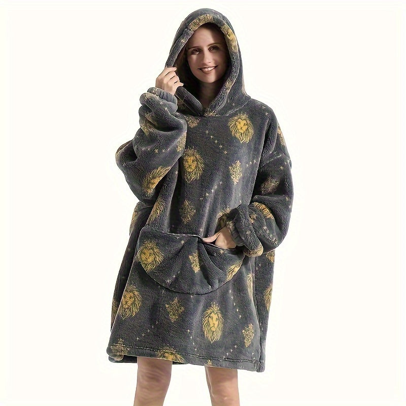 Animal-Themed Cozy Fleece Hooded Wearable Blanket - Reversible, Hand-Wash Only - Ideal for Outdoor Adventures and Home Relaxation