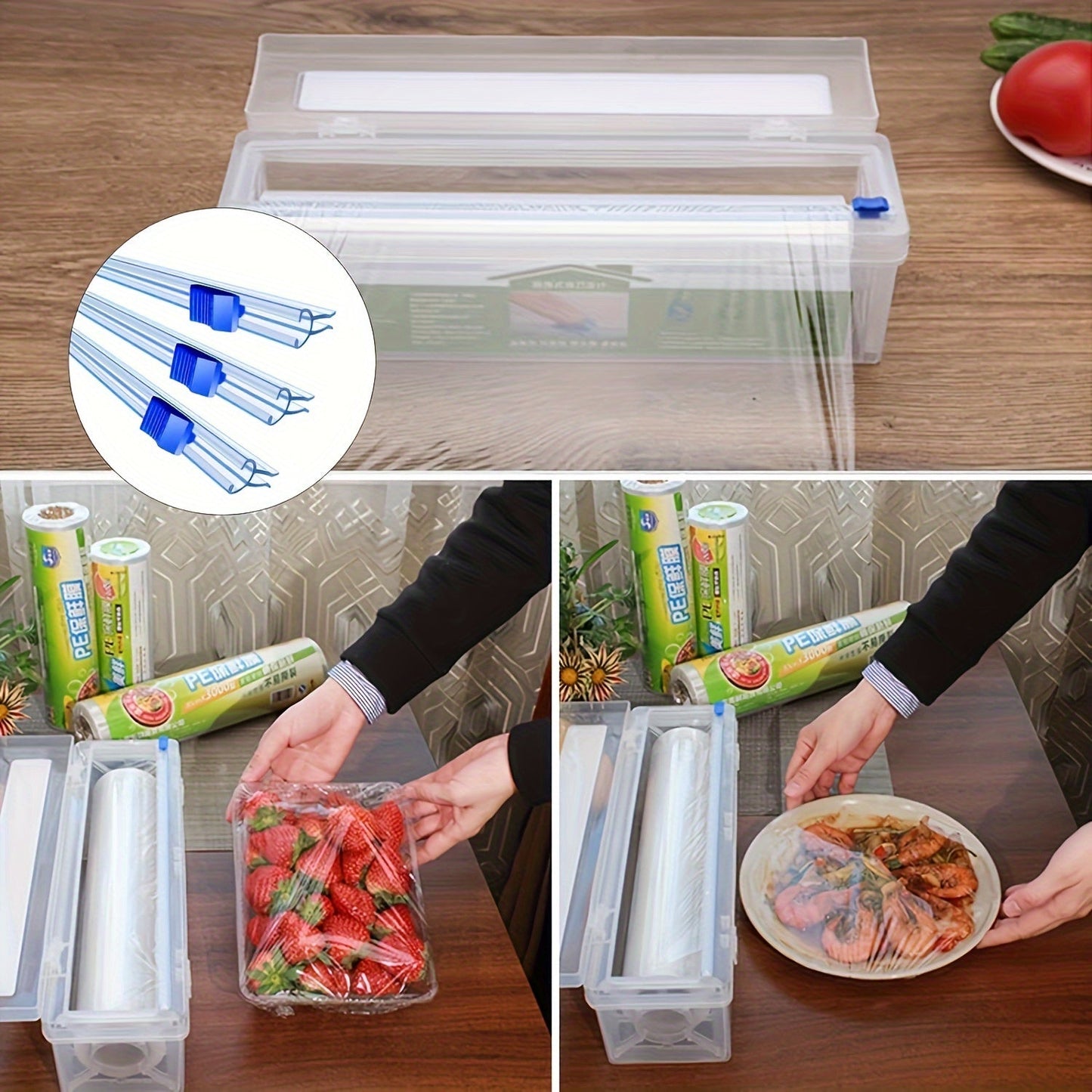 Multipurpose Plastic Wrap Dispenser with 3-Pack, Slide Cutter, Reusable Cling Film/Foil/Parchment Paper Cutter, Kitchen Storage Tool, Safe for Food Contact, Convenient Storage and Usage.