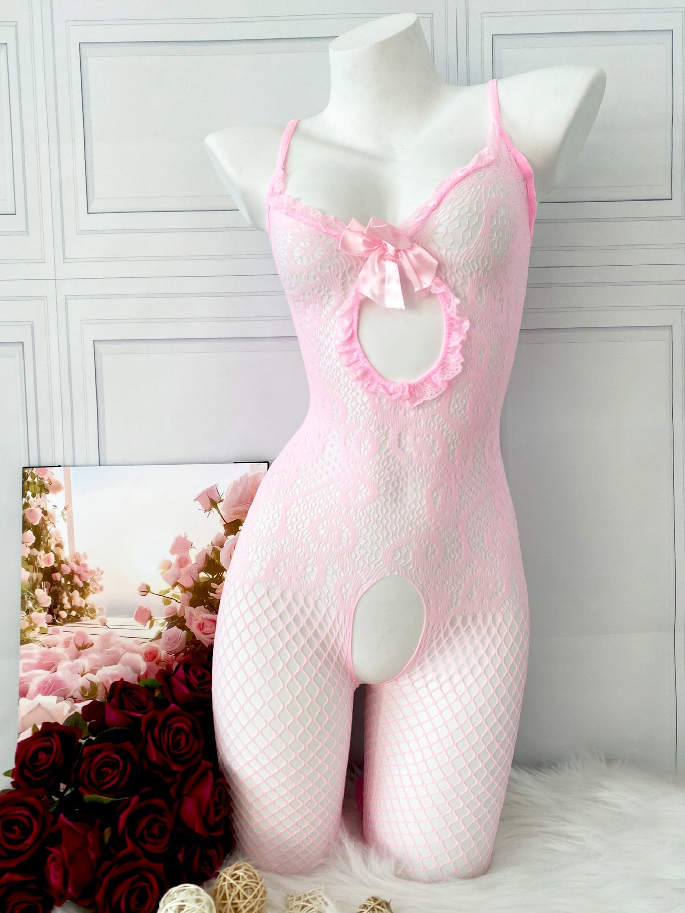 Sexy Jacquard Knit Bodysuit for Women - Fishnet design with front bow detail, open crotch lingerie for intimate nights and special occasions