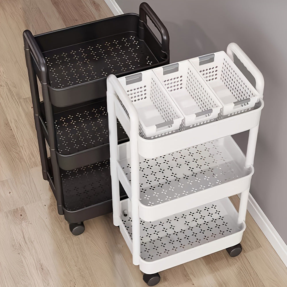 Multi-layer rolling storage cart for kitchen, bathroom, and bedroom. Made of lightweight white plastic.