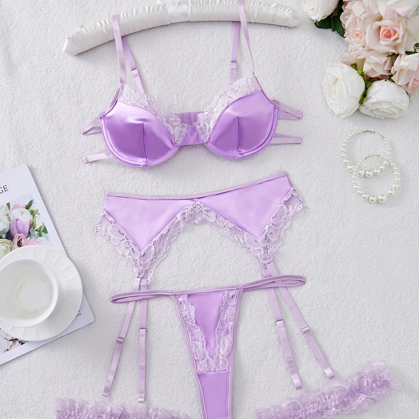 Fall/Winter Sale: Women's Lace Bra Set with Thong, Garter Belt, and Foot Rings