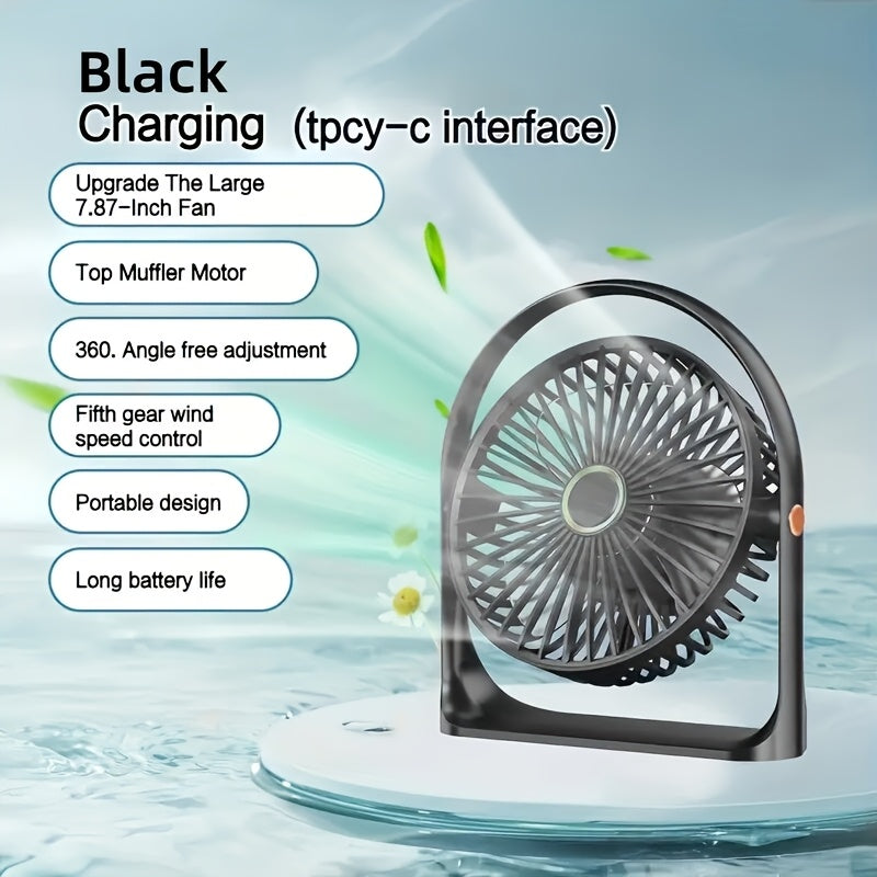 Black Portable Mini Desk Fan - 1pc, 5-Speed, USB Rechargeable, Quiet Tabletop Fan with Sleep Mode, Stereo Noise Reduction, Plastic Material, 5W, Lithium Battery - Perfect for Outdoor Camping, Golf Cart, Baby Stroller, Home Office