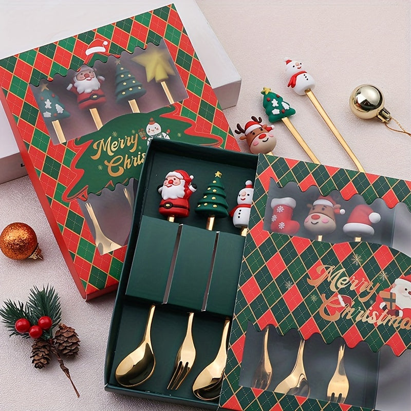 Set of 4/6 Christmas-themed stainless steel coffee spoons and forks in a red or green gift box for stirring beverages and desserts.