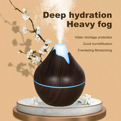 USB powered humidifier with aromatherapy, quiet operation, wood grain design, suitable for home and office.