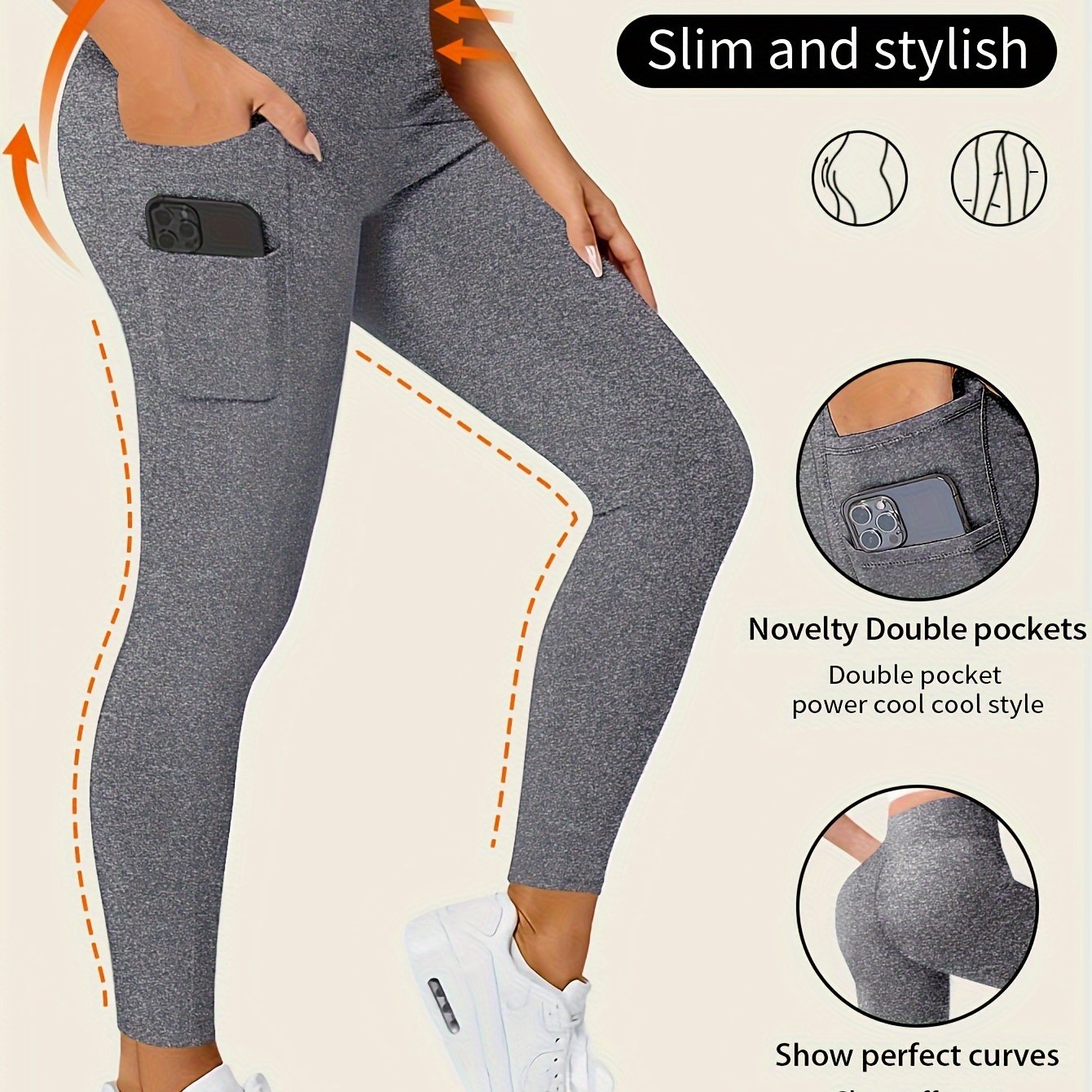 Stretchy high-waisted leggings with pockets for comfort.