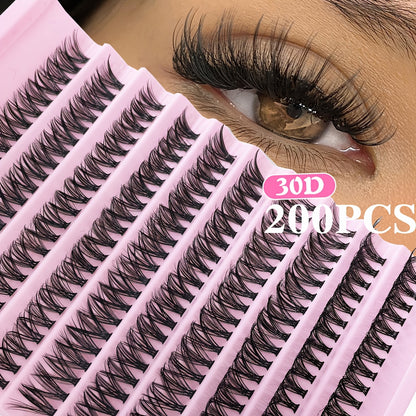 200pcs of natural look individual eyelashes in wispy cluster style, 8-16mm length, available in 30, 40, or 80D curl. Beginner-friendly and reusable for DIY fluffy extensions.