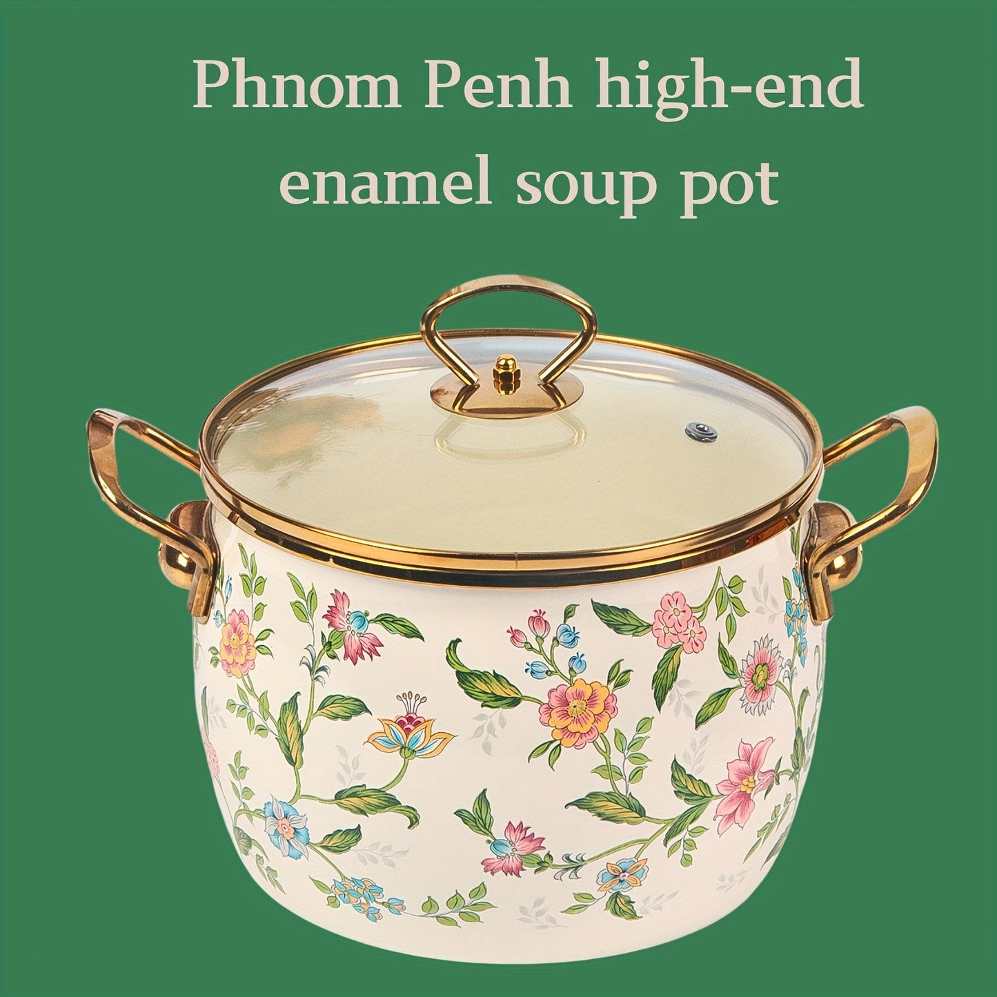 Large capacity enamel saucepan with glass lid and floral design is a non-stick, dishwasher-safe kitchen cookware with double handles. This soup pot features a golden handle for added style and convenience.