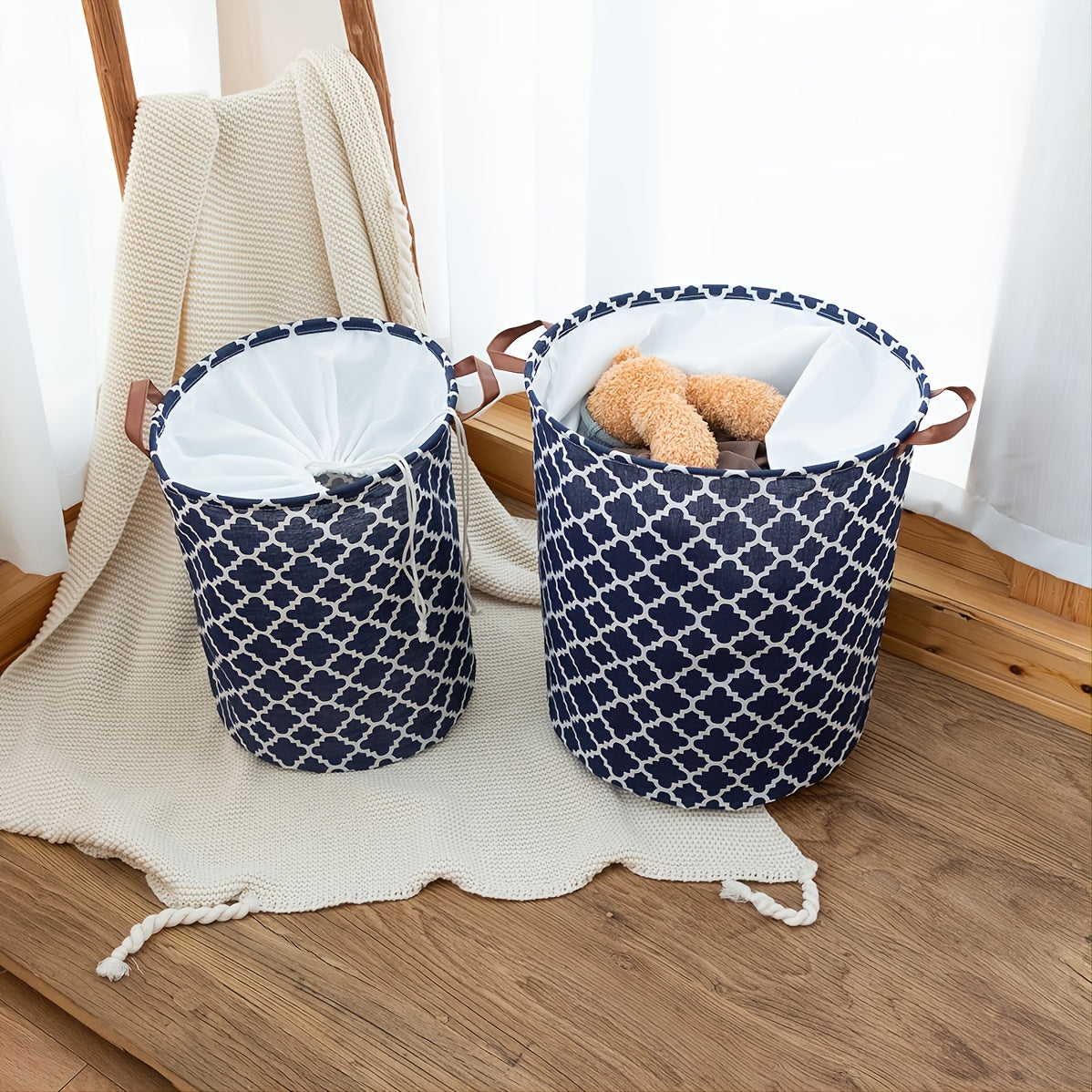 Retro-style fabric laundry hamper with lid, waterproof and multifunctional. Perfect for clothes and sundries organization in your home.